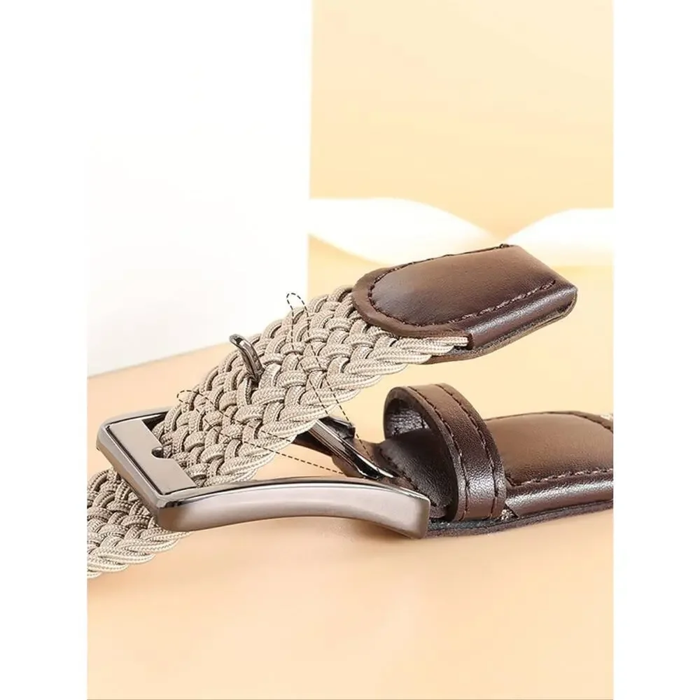 Men's Woven Stretch Belt Beige Tan Brown Leather Trim XL 42-44